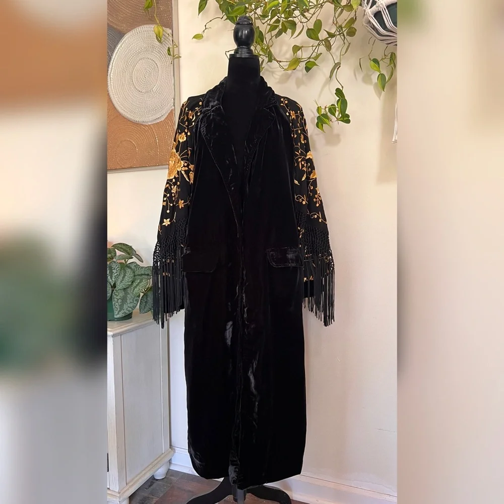 Free People Bali Rosalina Duster, Black Velvet, Gold Embroidery, Fringe Sleeves - Picture 3 of 9